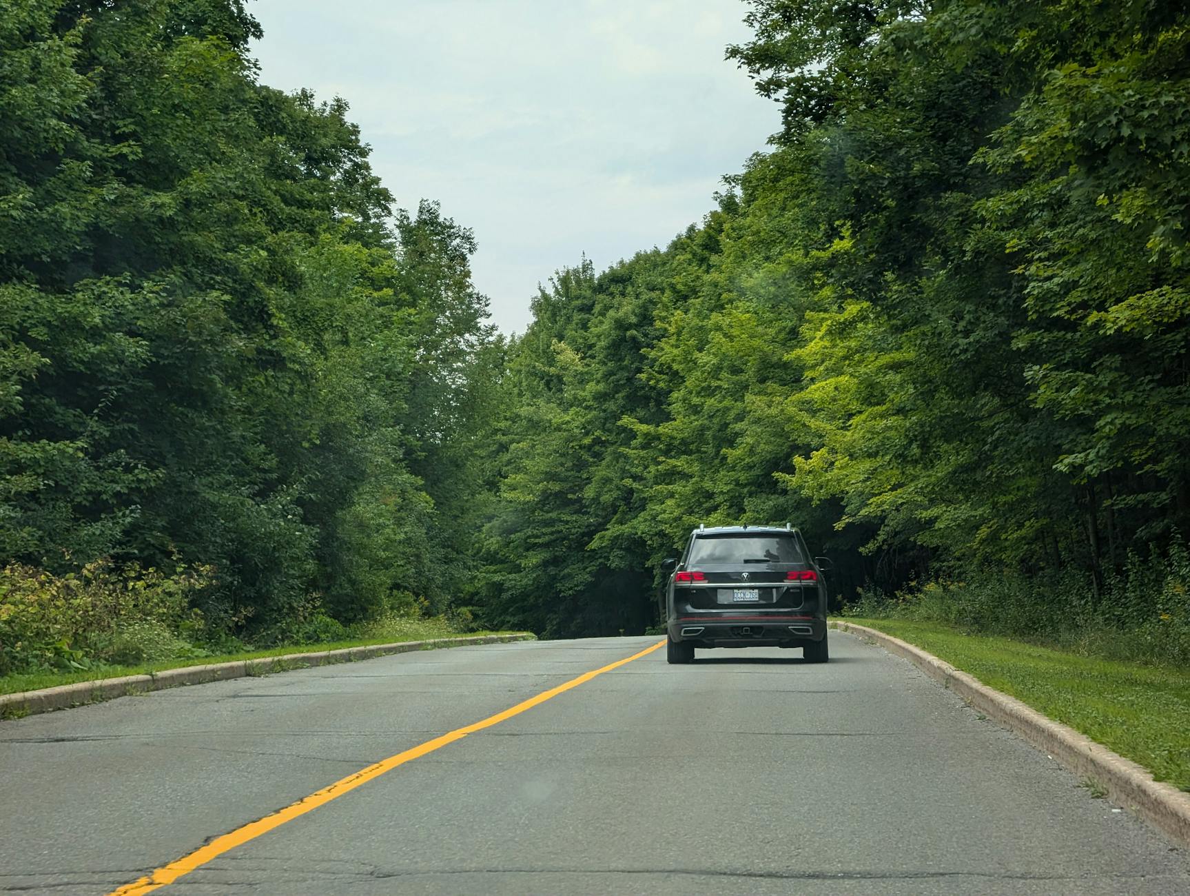 Samochód jedzie zieloną, zalesioną drogą sprzyjającą oszczędnej jeździe